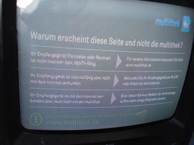 2015_02_06_PCH1_004.JPG
Die Multithek: Selbst beim Maximum T-1300 sieht man ohne Internetzugang nur diese Infotafel, der Digipal1 zeigt nur Schwarzbild
Schlüsselwörter: TV DX Tropo Überreichweite DVB-T DTT digital UHF Multithek Hinweistafel Infotafel