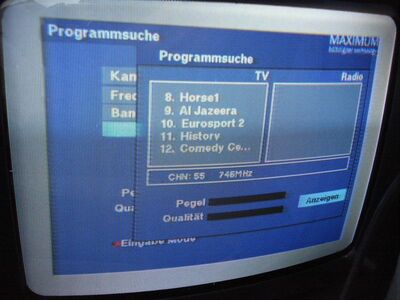 2015_02_11_PCH1_006.JPG
DTT Nät 4, SFN Blekinge Län, K55.  Der Suchlauf mit dem Maximum T-1300 findet 12 Programme (8 in MPEG-2, 4 in MPEG-4)
Schlüsselwörter: TV DX Tropo Überreichweite DVB-T DTT digital UHF Schweden Sverige TV4 Nät4 Blekinge K55 Suchlauf Maximum T-1300