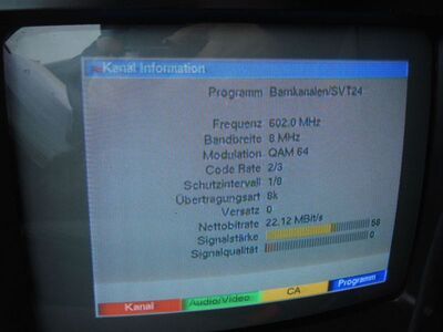 2015_02_11_PCH1_013.JPG
Sendeparamter Barnkanalen / SVT 24, DTT Nät 1 Väst/Öst, Vislanda 1 (Nydala), K37. Leider war der EMpfang dieses Bouquets grenzwertig
Schlüsselwörter: TV DX Tropo Überreichweite DVB-T DTT digital UHF Schweden Sverige Barnkanalen Nät1 Väst Öst Vislanda K37Digipal1 Parameter