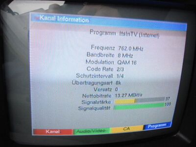 2015_04_09_PCH1_001.JPG
ItsInTV, neues Programm in der Multithek, MA HSH gemsichtes Boquet SH, Kiel 2 (FMT am Amselsteig), K57, 20 kW
Schlüsselwörter: TV DX Tropo Überreichweite DVB-T DTT digital UHF MA HSH Schleswig-Holstein MA HSH gemischtes Bouquet Multithek Kiel K57