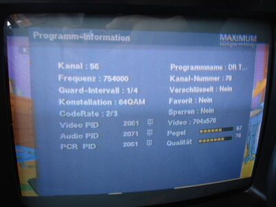 2015_04_23_PCH1_006.JPG
DR Test (überträgt DR Ramasjang), DIGI TV 2, SFN Bornholm, K56
Schlüsselwörter: TV Tropo Überreichweite UHF DVB-T DTT digital Dänemark Danmark DIGI TV2 DR Test Ramasjang Bornholm K56