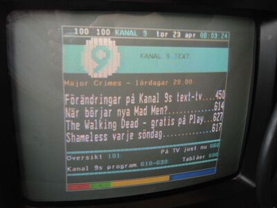 2015_04_23_PCH1_010.JPG
Videotext Kanal 9, DTT Nät 4, SFN Skåne Län, K25
Schlüsselwörter: TV DX Tropo Überreichweite DVB-T DTT digital UHF Schweden Sverige Kanal9 Nät4 Skåne K25 VT Videotext Teletext