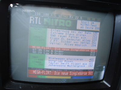 2015_05_22_PCH1_003.JPG
Videotext RTL Nitro, neu im MABB Mux 4, SFN Berlin, K59
Schlüsselwörter: TV DX Tropo Überreichweite DVB-T DTT digital UHF Juwelo Homeshopping MABB Mux4 Berlin K59 RTL Nitro neues Programm VT Videotext Teletext