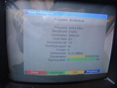 2015_06_17_PCH1_002.JPG
Sendeparameter Eins Festival, MDR-Bouquet 1 (ARD), SFN Magdeburg/Brocken, K29
Schlüsselwörter: TV DX Tropo Überreichweite DVB-T DTT digital UHF MDR ARD Magdeburg Brocken K29