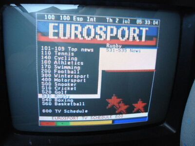 2015_07_02_PCH1_003.JPG
Videotext Eurosport, DTT Nät 4, SFN Blekinge Län, K55
Schlüsselwörter: TV DX Tropo Überreichweite DVB-T DTT digital UHF Schweden Sverige TV4 Nät4 Blekinge K55 Eurosport VT Videotext Teletext