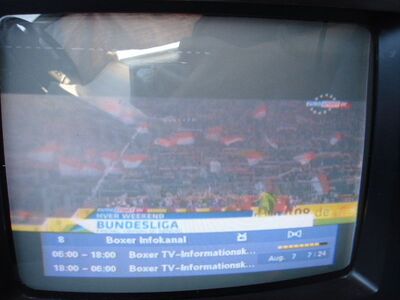 2015_08_07_PCH1_001.JPG
Boxer Infokanal - mit Werbung für die deutsche Bundesliga. Boxer Danmark Mux 4, SFN Storkøbenhavn, K31
Schlüsselwörter: TV Tropo Überreichweite UHF DVB-T DTT digital Dänemark Danmark Boxer Mux4 Infokanal Storkøbenhavn K31