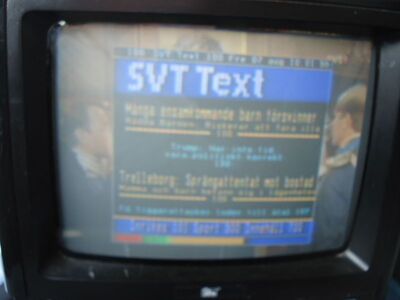 2015_08_07_PCH1_022.JPG
"SVT Text" (einheitlicher SVT-Videotext), DTT Nät 1 Skåne/Helsingborg, K33
Schlüsselwörter: TV DX Tropo Überreichweite DVB-T DTT digital UHF Schweden Sverige SVT Nät1 Skåne Helsingborg K33 VT Videotext Teletext