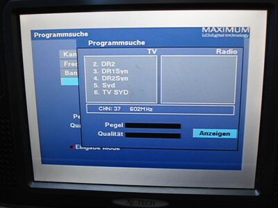 2015_08_10_PCH1_001.JPG
DIGI TV 1 Syd, SFN Åbenrå/Flensburg, K37
Schlüsselwörter: TV DX Tropo Überreichweite DVB-T DTT digital UHF Dänemark Danmark DIGI TV1 TVSyd TV2 Syd Åbenrå K37