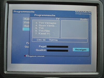 2015_08_19_PCH1_005.JPG
DTT Nät 2 Värnamo, SFN Vislanda (2 Tx), K56
Schlüsselwörter: TV DX Tropo Überreichweite DVB-T DTT digital UHF Schweden Sverige TV4 Nät2 Värnamo Vislanda K56 Suchlauf