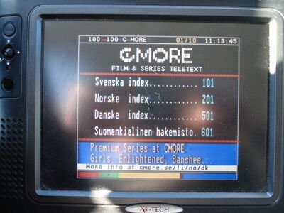 2015_10_01_PCH1_009.JPG
C-More-teletext, C More First oder C Mors Sport/SF-Kanalen, DTT Nät 3, SFN Skåne Län, K41
Schlüsselwörter: TV DX Tropo Überreichweite DVB-T DTT digital UHF Schweden Sverige Nät3 Skåne K41 C-More VT Videotext Teletext