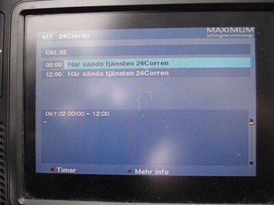 2015_10_02_PCH1_006.JPG
EPG von 24Corren, DTT Nät 5 Corren, Motala 1 (Ervasteby), K52. Nicht sehr informativ...
Hinweis: Bild- und Tonaufnahmen sowie Screenshots waren aufgrund der condx erst später möglich (ab 12.49 Uhr MESZ)
Schlüsselwörter: TV DX Tropo Überreichweite DVB-T DTT digital UHF Schweden Sverige Nät5 Corren Motala 24Corren FTA EPG