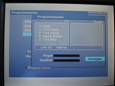 2015_10_03_PCH1_003.JPG
DTT Nät 2 Växjö, SFN Vislanda (2 tx), K50. Das Boquet mit 2 FTA-Px. konnte sich gegen Berlin durchsetzen.
Schlüsselwörter: TV DX Tropo Überreichweite DVB-T DTT digital UHF Schweden Sverige Nät2 Växjö Vislanda K50 Suchlauf