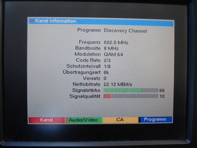 2015_10_03_PCH1_007.JPG
Sendeparameter für Discovery Channel, DTT Nät 4, SFN Vislanda (2 Tx), K37
Schlüsselwörter: TV DX Tropo Überreichweite DVB-T DTT digital UHF Schweden Sverige Discovery Channel Nät4 Vislanda K37 Parameter