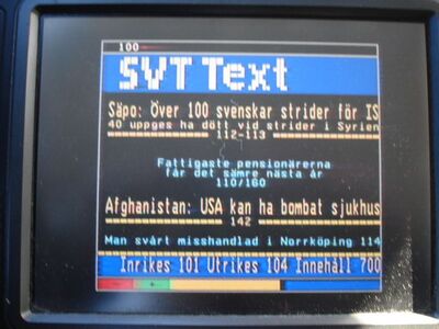 2015_10_03_PCH1_012.JPG
SVT-Text, DTT Nät 1 Småland/Blekinge, SFN Emmaboda mit TVU, K21
Schlüsselwörter: TV DX Tropo Überreichweite DVB-T DTT digital UHF Schweden Sverige Nät1 Småland/Blekinge K21 Videotext Teletext VT