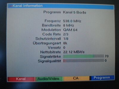 2015_10_03_PCH1_018.JPG
Sendeparameter für Kanal 5 Borås, DTT Nät 3 Borås, Borås 1 (Dalsjöfors), K29. Erstempfang dieses Boquets
Schlüsselwörter: TV DX Tropo Überreichweite DVB-T DTT digital UHF Schweden Sverige Nät3 Borås Kanal5 K29 Parameter
