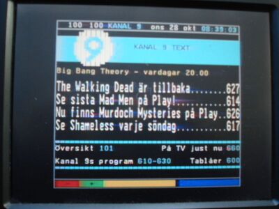 2015_10_28_PCH1_006.JPG
Videotext Kanal 9, DTT Nät 4, SFN Skåne Län, K25. Wenigstens ist der VT bei einigen Kanälen noch FTA.
Schlüsselwörter: TV DX Tropo Überreichweite DVB-T DTT digital UHF Schweden Sverige Kanal9 Nät4 Skåne K25 VT Videotext Teletext