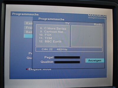 2015_10_28_PCH1_012.JPG
DTT Nät 5, SFN Skåne Län, K22. Der Maximum findet hier alle 13 Programme
Schlüsselwörter: TV DX Tropo Überreichweite DVB-T DTT digital UHF Schweden Sverige silver! Nät5 Skåne K22 Suchlauf Maximum T-1300