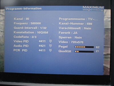 2015_11_04_PCH1_012.JPG
TV Storbyen, Mux KBH 1, K35(v). Auffälliger Sendeparameter ist das GI kit 1/32.
Schlüsselwörter: TV DX Tropo Überreichweite DVB-T DTT digital UHF Dänemark Danmark Storbyen Mux KBH1 København K35