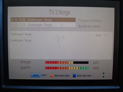 2016_03_17_PCH1_003.JPG
EPG des "TV2 Norge", Boxer Danmark Mux 5, SFN Nakskov/Vordingborg/Jyderup, K48
Schlüsselwörter: TV DX Tropo Überreichweite DVB-T DTT digital UHF Dänemark Danmark DVB-T2 TV2 Norge Boxer Mux5 Nakskov Vordingborg Jyderup K48 TS6800