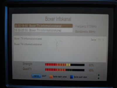 2016_03_17_PCH1_009.JPG
Vom Boxer Infokanal (Boxer Danmark Mux 4, SFN Nakskov/Vordingborg, K38) ist nur noch die Kennung vorhanden, sowohl der Maximum T-1300 als auch der TS 6800 zeigen Schwarzbild und bleiben stumm
Schlüsselwörter: TV Tropo Überreichweite UHF DVB-T DTT digital Dänemark Danmark Boxer Mux4 Abschaltung Infokanal Schwarzbild Nakskov Vordingborg K38