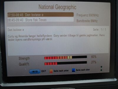 2016_04_04_PCH1_005.JPG
EPG des "National Geographic", Boxer Danmark Mux 5, SFN Nakskov/Vordingborg/Jyderup, K48
Schlüsselwörter: TV DX Tropo Überreichweite DVB-T DTT digital UHF Dänemark Danmark DVB-T2 Boxer National Geographic EPG Mux5 Nakskov Vordingborg Jyderup K48 TS6800