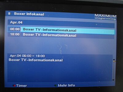 2016_04_04_PCH1_006.JPG
Immerhin hat der Boxer Infokanal noch seinen EPG, aber der wahr ohnehin nie informativer als jetzt. (Boxer Danmark Mux 4, SFN Nakskov/Vordingborg, K38)
Schlüsselwörter: TV Tropo Überreichweite UHF DVB-T DTT digital Dänemark Danmark Boxer Mux4 EPG Infokanal Nakskov Vordingborg K38