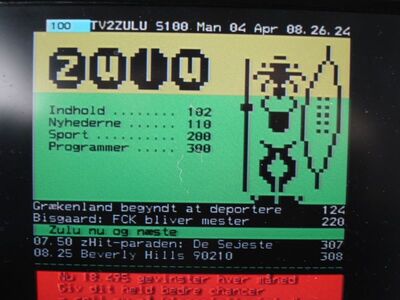 2016_04_04_PCH1_009.JPG
Videotext TV2 Zulu, Boxer Danmark Mux 4, SFN Nakskov/Vordingborg, K38
Schlüsselwörter: TV Tropo Überreichweite UHF DVB-T DTT digital Dänemark Danmark Boxer Mux4 TV2 Zulu Nakskov Vordingborg K38 VT Videotext Teletext Tekst-TV