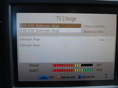 2016_04_05_PCH1_005.JPG
EPG des TV2 Norge, Boxer Danmark Mux 5, SFN Nakskov/Vordingborg/Jyderup, K48. In 7 Minuten wird dieses Px aus dem dänischen Äther verschwinden
Schlüsselwörter: TV DX Tropo Überreichweite DVB-T DTT digital UHF Dänemark Danmark DVB-T2 TV2 Norge Boxer Mux5 Nakskov Vordingborg Jyderup K48 TS6800 Umstellung