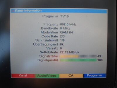 2016_05_12_PCH1_001.JPG
Sendeparamter "TV 10", DTT Nät 4, SFN Vislanda 1 (Nydala), K37
Schlüsselwörter: TV DX DVB-T Tropo Überreichweite Schweden Sverige TV10 DTT Nät4 Vislanda K37 Parameter