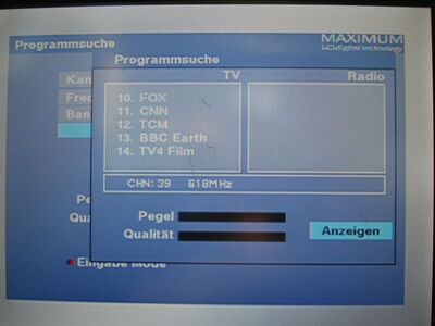 2016_05_12_PCH1_006.JPG
DTT Nät 5, SFN Vislanda, K39. Suchlauf mit dem Maximum T-1300. Der Digipal 1 fand nur 2 Programme
Schlüsselwörter: TV DX DVB-T Tropo Überreichweite Schweden Sverige DTT Nät5 Vislanda K39 Suchlauf Maximum T-1300