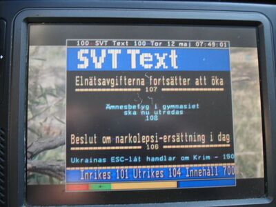 2016_05_12_PCH1_013.JPG
SVT 24 mit einheitlichem Videotext des SVT, SVT 1 Småland, DTT Nät 1 Småland/Skåne, SFN Vislanda, K40
Schlüsselwörter: TV DX DVB-T Tropo Überreichweite Schweden Sverige SVT SVT24 FTA MPEG-2 DTT Nät1 Småland Skåne Vislanda K40 Videotext VT Teletext