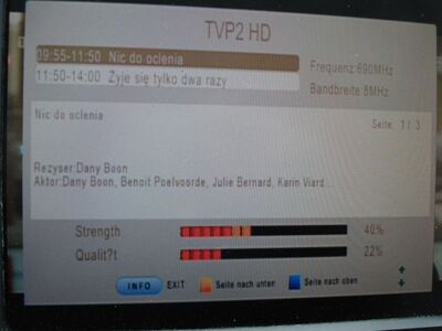 2016_05_26_PCH1_010.JPG
EPG des TVP 2 HD, TP Emitel Mux-3, SFN Szczecin/Myslowice, K48. Beobachtet mit dem Telesystem 6800 HEVC
Schlüsselwörter: TV DX Tropo Überreichweite DVB-T DTT digital UHF Polen Polska TVP2 Emitel Mux3 Szczecin K48 MPEG4 EPG Parameter