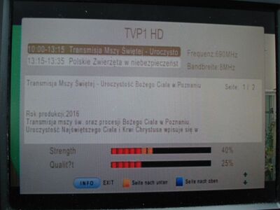 2016_05_26_PCH1_011.JPG
EPG des TVP 1 HD, TP Emitel Mux-3, SFN Szczecin/Myslowice, K48. Beobachtet mit dem Telesystem 6800 HEVC
Schlüsselwörter: TV DX Tropo Überreichweite DVB-T DTT digital UHF Polen Polska TVP2 Emitel Mux3 Szczecin K48 MPEG4 EPG Parameter