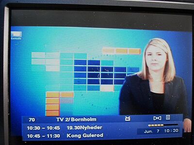 2016_06_07_PCH1_030.JPG
TV 2/Bornholm, DIGI TV 1 Bornholm, SFN Bornholm, K59
Mit den Nachrichten vom Vorabend...
Schlüsselwörter: TV DX Tropo Überreichweite DVB-T DTT digital UHF Dänemark Danmark TV2 Regional DIGI1 Bornholm K59