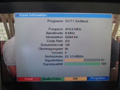 2016_06_07_PCH1_032.JPG
SVT 1 Småland, DTT NÄT ! Småland/Blekinge, SFN Emmaboda/Brömsebro, K21 (Sendeparameter)
Schlüsselwörter: TV DX Tropo Überreichweite DVB-T DTT digital UHF Schweden Sverige DTT Nät1 Småland Blekinge Emmaboda Brömsebro K21