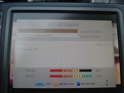 2016_06_08_PCH1_003.JPG
SVT 1 HD Småland, DTT Nät 6 Sydöst/Småland/Växjö (DVB-T2), SFN Vislanda + TVU, K57
Schlüsselwörter: TV DX Tropo Überreichweite DVB-T2 DTT digital UHF Schweden Sverige DTT Nät 6 HD Småland Sydöst Växjö Vislanda K57 Parameter