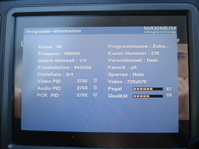 2016_07_13_PCH1_001.JPG
Sendeparameter Eska TV, TP Emitel Mux-1, SFN Jemiolow/Zagan, K45
Schlüsselwörter: TV DX Tropo Überreichweite DVB-T DTT digital UHF Polen Polska TP Emitel Mux1 Jemiolow Zagan K45