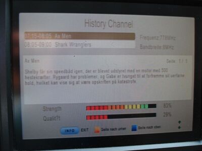 2016_07_25_PCH1_002.JPG
EPG des History Channel, Boxer Danmark Mux 5, SFN Storkøbenhavn, K59
Schlüsselwörter: TV DX Tropo Überreichweite DVB-T2 DTT digital UHF Dänemark Danmark History Channel Boxer Mux5 Storkøbenhavn K59