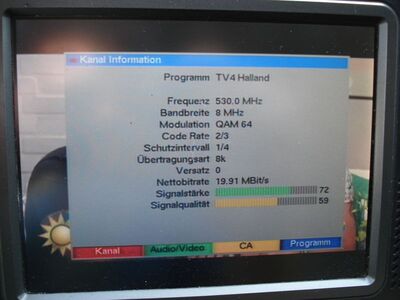 2016_07_25_PCH1_007.JPG
Sendeparameter TV 4 Halland, DTT Nät 2 Hallans, SFN Hallans Län, K28
Schlüsselwörter: TV DX Tropo Überreichweite DVB-T DTT digital UHF Schweden Sverige TV4 Nät2 Halland K28 MPEG-2 Parameter