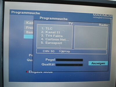 2016_07_25_PCH1_015.JPG
DTT Nät 8 Borås, SFN Borås, K50. Der Maximum T-1300 findet noch ein 5. Programm (Cartoon Network), welches in MPEG-4 sendet
Schlüsselwörter: TV DX Tropo Überreichweite DVB-T DTT digital UHF Schweden Sverige Nät8 Borås Spezialmux K50 FTA Suchlauf Maximum T-1300 Erstempfang