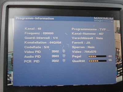 2016_08_05_PCH1_005.JPG
TVP Info, P Emitel Mux-3, SFN Szczecin/Miezdyzdroje, K48. Noch sendet TVP Info in SD. In Kürze wird dieses Px. die durch den Weggang von "TVP Polonia" freigewordene Bandbreite zur HD-Ausstrahlung nutzen
Schlüsselwörter: TV DX Tropo Überreichweite DVB-T DTT digital UHF Polen Polska TVP Info TP Emitel Mux3 Szczecin K48