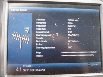 2016_08_18_PCH1_003.JPG
Anzeige der Sendeparameter des am Vortag eingespeichertes "DTT Nät 6 Småland/Sydöst/Växjö", SFN Vislanda/Markeryd/Traryd, K57. Die Nettobitrate stimmt nicht, da der Digipal1 stets die NBR des zuletzt eingeschalteten Px. auf allen Kanälen anzeigt (noch ein Softwarebug?)
Schlüsselwörter: TV DX Tropo Überreichweite DVB-T2 DTT digital UHF Schweden Sverige Nät6 HD Blekinge Sydöst K49 Parameter Technisat Digipal T2HD