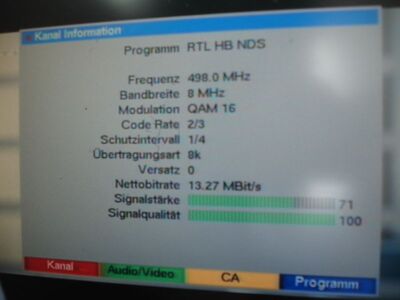 2016_09_09_PCH1_004.JPG
RTL HB NDS, RTL-Boquet Bremen/Niedersachsen, SFN Hannover/Braunschweig, K24. Drängte an diesem Morgen den Orstsender ZDF mobil, Rostock zeitweise weg.
Schlüsselwörter: TV DX Tropo Überreichweite DVB-T DTT digital UHF RTL HB NDS Hannover Braunschweig K24 MPEG2 SD Parameter