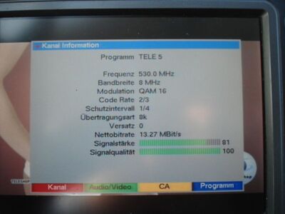 2016_09_09_PCH1_005.JPG
Tele 5, NLM gemischtes Boquet 1, SFN Hannover, K28. In Braunschweig sendet dieses Boquet auf K60.
Schlüsselwörter: TV DX Tropo Überreichweite DVB-T DTT digital UHF Tele5 NLM NLM1 Hannover K28 MPEG2 SD Parameter