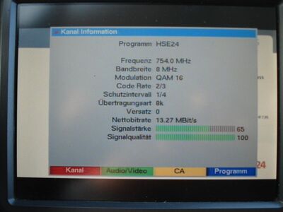 2016_09_09_PCH1_006.JPG
HSE 24, NLM gemisches Boquet 2, SFN Hannover/Braunschweig, K56
Schlüsselwörter: TV DX Tropo Überreichweite DVB-T DTT digital UHF HSE24 NLM NLM2 Hannover Braunschweig K56 MPEG2 SD Parameter