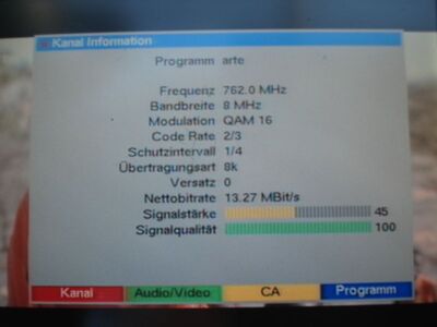 2016_09_10_PCH1_001.JPG
arte, rbb Mux 2 Brandenburg, SFN Booßen/Calau, K57
Schlüsselwörter: TV DX Tropo Überreichweite DVB-T DTT digital UHF arte RBB Brandenburg Booßen Calau K57 MPEG2