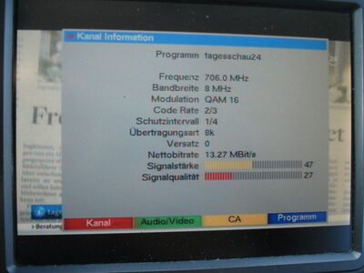 2016_09_23_PCH1_005.JPG
Und hier mal ein Füllsender: tagesschau24, NDR-ARD-Boquet, Wolfsburg (Klieversberg), K50v
Schlüsselwörter: TV DX Tropo Überreichweite DVB-T DTT digital UHF NDR ARD tagesschau24 Wolfsburg Klieversberg K50 Parameter