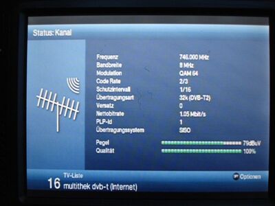 2016_10_21_PCH1_001.JPG
DVB-T2-Testsignal aus Schwerin auf K46. Dieses Signal wurde vom 21.10. bis 23.10.2016 ausgestrahlt. Ein handelsüblicher Empfänger konnte kein Programm finden, auch wenn das Boquet erkannt wurde. Warscheinlich diente dieser Test zur Einmessung und Reichweiternermittlung.
Schlüsselwörter: TV DVB-T2 Testsignal Einmessung Parameter befristete Ausstrahlung Schwerin K46