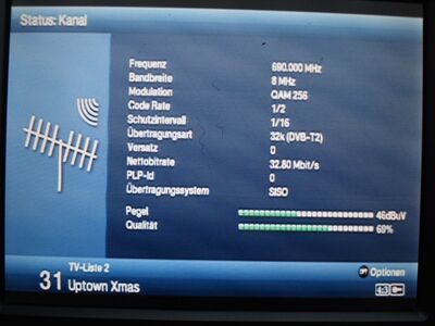 2016_11_22_PCH1_002.JPG
Sendeparameter für Uptown XMAS, Boxer DK Mux 5, SFN Nakskov/Vordingborg/Jyderup, K48
Schlüsselwörter: TV DX Tropo Überreichweite DVB-T2 DTT digital UHF Dänemark Boxer Danmark Mux5 Uptown XMAS neues Programm verschlüsselt Nakskov Vordingborg Jyderup K48 Parameter