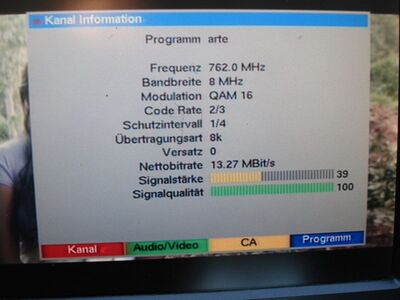 2016_12_30_PCH1_001.JPG
arte, rbb Mux 2 Brandenburg (ohne hr Fernsehen), SFN Booßen/Calau, K57
Schlüsselwörter: TV DX Tropo Überreichweite DVB-T DTT digital UHF arte MPEG-2 RBB rbb2 Calau Booßen K57 Parameter